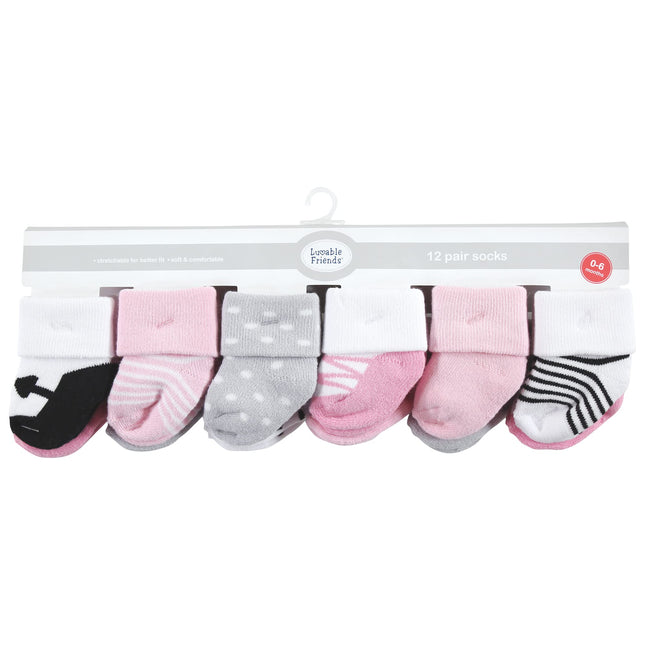 Luvable Friends Women's, Pink Black Ballet 12-Pack, Unisex Newborn and Baby Terry Socks, 0-6 Months, XX-Large (Pack of 12)
