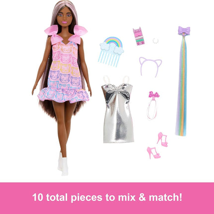 Barbie Fun & Fancy Doll & Accessories, Brunette Fashion Doll with Extra-Long Hair & 2 Looks, Including Silver Metallic Dress & Hair Extension