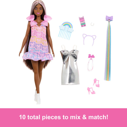 Muñeca Barbie Diversión y Estilo, Morena, con Accesorios y Pelo Extralargo, 2 Looks, Incluye Vestido Metálico Plateado y Extensión de Pelo