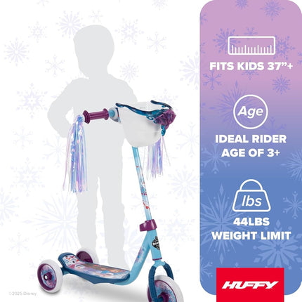 Huffy Frozen 2 Preschool Scooter, Elsa & Anna Graphics, Handlebar Bin, Three Wheels & Streamers
