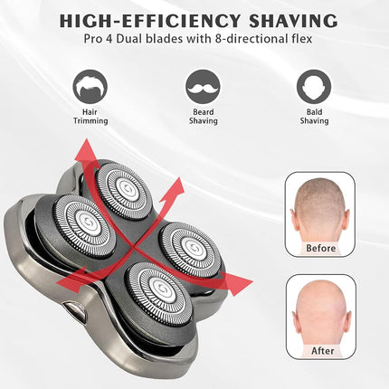 3Pack Pro 4 Shaver Replacement Heads for Skull, Shaver Replacement Blade for Pitbull Gold PRO, Silver PRO, Platinum PRO, Butterfly Kiss PRO Head Shavers, Floating 4 Heads Self-Sharpening Blades