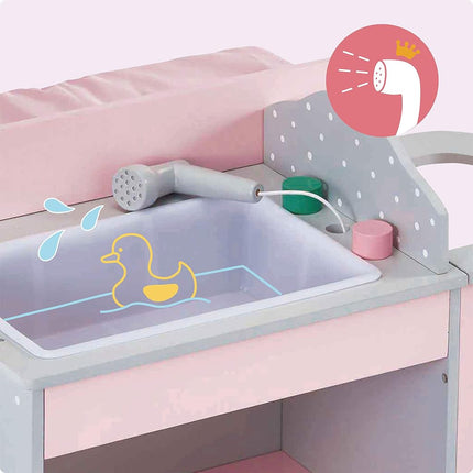 Olivia's Little World 6-in-1 Wooden Baby Doll Changing Station with Crib, Changing Table, High Chair, Double-Door Closet, Sink and Washing Machine, Multicoloured