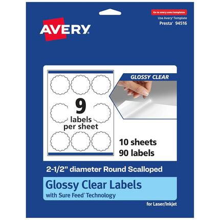 Avery Glossy Clear Round Scalloped Labels with Sure Feed, 2.5" Diameter, 90 Glossy Clear Labels, Print-to-The-Edge, Laser/Inkjet Printable Labels