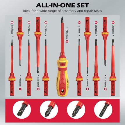 Premium Insulated Screwdrivers Set - Ultimate Electrician Screwdriver Set, 1000V Electrical Screwdriver Set Insulated Professional Electricians Screwdriver Set Magnetic Phillips Slotted Pozidriv Torx