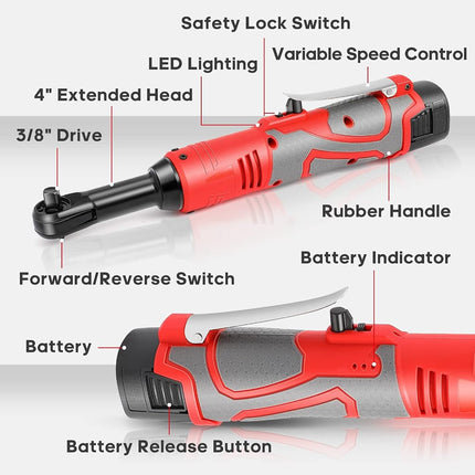 FAHKNS Llave de carraca inalámbrica extendida de 18 V, juego de llaves eléctricas de 3/8, 45 ft-lbs (60 N.m) 400RPM de potencia, 2 baterías de iones de litio de 2.0 Ah, 7 vasos (10/11/12/13/14/15/17mm) y cargador, gatillo de velocidad variable