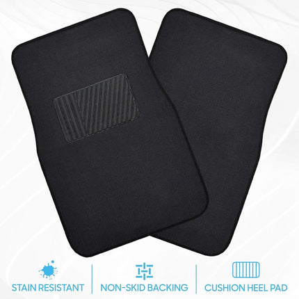 BDK Premium Black Carpet Floor Mats for Cars - Universal Fit Interior 4-Piece Car Mats Full Set with Vinyl Heel Pad Protector - Cute Car Accessories Interior Floor Covers for SUVs & Trucks