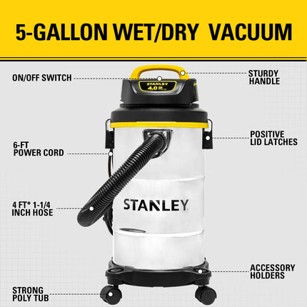 Stanley Wet/Dry Hanging Vacuum, 4.5 Gallon, 4 Horsepower, Stainless Steel Tank