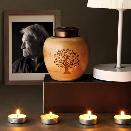 Small Urns for Human Ashes Adult Male Female,Small Keepsake Urns for Human Ashes Tree of Life Pattern Engraved,Memorial Cremation Urns for Human Ashes Adult Female Male Made of Bamboo