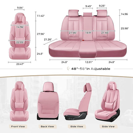Coverado Seat Covers Full Set, 5 Seats Seat Covers for Cars, Waterproof Nappa Leather Car Seat Covers with Head Pillow, Seat Protectors Car Seat Cushion Universal Fit for Most Cars (Pink)