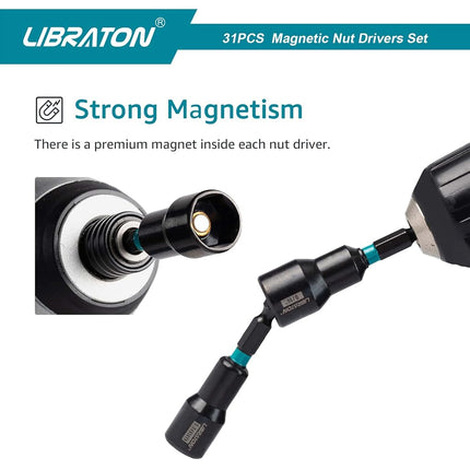 Libraton 31PCS Magnetic Nut Driver Set, Impact Drill Driver Bit Set 1/4", Metric and SAE Nut Driver, Screwdriver Bits, Impact Socket Adapters, Bit Holder, Quick-release Extensions with Storage Bag