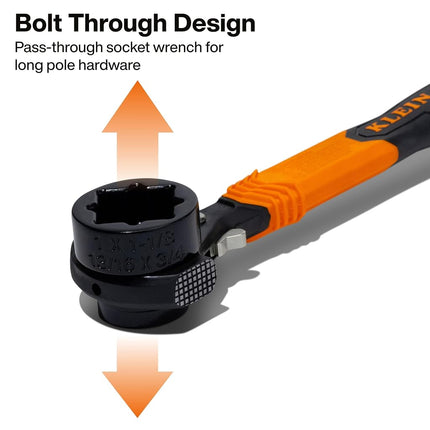 KLEIN TOOLS KT171HFINS 5-in-1 Insulated Lineman Wrench with Dual Hammer Faces, 1000V Rated, Ratcheting Pass-Through Design, Tether Hole, Ergonomic Grip for Utility Pole Hardware