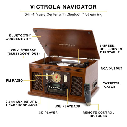 Victrola Navigator 8-in-1 Bluetooth Record Player with Built-in Speakers – 3 Speed, CD Player, Cassette, FM Radio, USB, RCA Out, Headphone Jack, Wireless Music Streaming, Real Wood (Walnut)
