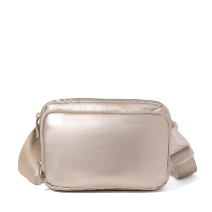 Baggallini Modern Belt Bag 5x8 Travel Fanny Pack Sling Bag Waistpack w/RFID Card Holder Water-Resistant Crossbody Bag, Platinum Ecopuff, One Size