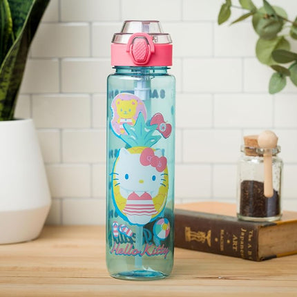 Silver Buffalo Sanrio Hello Kitty Pool Party Plastic Blue Water Bottle with Locking Lid, Strap, and Hydration Tracker, 33 Ounces