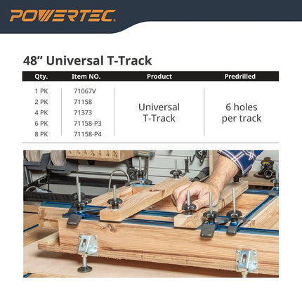 POWERTEC 71373V 48 Inch Double-Cut Profile Universal T-Track with Predrilled Mounting Holes, 4 Pack, T Track for Woodworking Jigs and Fixtures, Drill Press Table, Router Table, Workbench