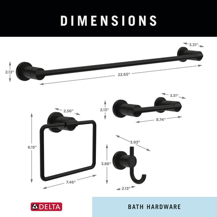 Delta 4-Piece Matte Black Bathroom Set Towel Rack, Ring, Toilet Paper Holder, Hook | Nicoli Bath Accessories