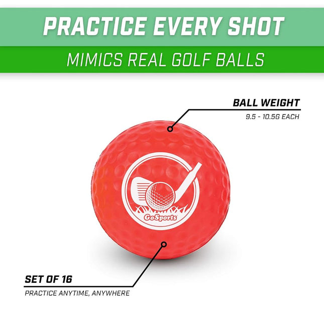 GoSports Foam Golf Practice Balls - 16 Pack Realistic Feel and Limited Flight Use Indoors or Outdoors