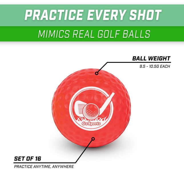 GoSports Balles de golf d'entraînement en mousse - Lot de 16 - Sensation réaliste et vol limité - Utilisation en intérieur ou en extérieur