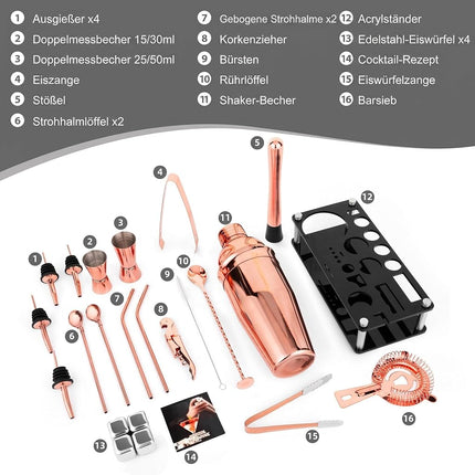 23 Piece Cocktail Shaker Set Bartender Kit with Acrylic Stand & Cocktail Recipes Booklet, Professional Bar Tools for Drink Mixing, Home, Bar, Party (Include 4 Whiskey Stones) - Gold Rose