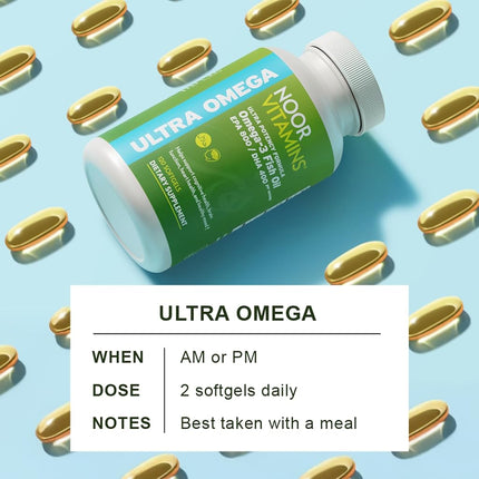 Aceite de Pescado Halal, Vitaminas Halal, Aceite de Pescado Halal de Noor Vitamins, Aceite de Pescado Silvestre Peruano Ultra Omega 3 (800 mg EPA y 400 mg DHA) Apoyo para el Corazón, el Cerebro y las Articulaciones, Sin OGM y Sin Gluten (120 unidades)
