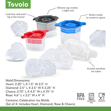 Tovolo Assorted Shaped Ice Molds, Set of 4 - Large Ice Mold Gift Set - Unique Ice Mold Chills Drinks - Odor-Free Freezer Storage, Dishwasher-Safe with Silicone Plunger