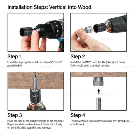 Everflow 8008957-25 Anclaje de varilla roscada vertical GST 20 3/8" diseñado para madera, acero con acabado de zinc, tornillo de 1/4 x 2 de largo (paquete de 25), paquete de 25