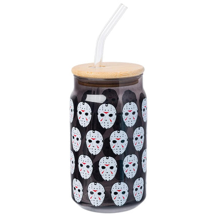 Silver Buffalo Friday the 13th Jason Mask Pattern Black 16oz Glass Tumbler w Bamboo Lid and Glass Straw