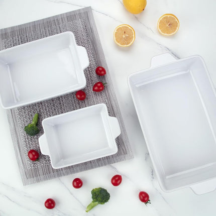GarveeHome Baking Dishes Set of 3, Ceramic Bakeware Set with Handles, Porcelain Baking Pan Casserole Dishes for Oven and Microwave, Deep Lasagna Pan for Baking, Cooking, Wedding Gift - White