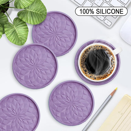 ME.Fan Silicone Coasters [6 Pack] Coasters with Holder - Drinking Coasters - Cup Mat for Drinks - Live for Hot or Cold Drink Thickened, Non-Slip, Non-Stick, Deep Tray Light Purple