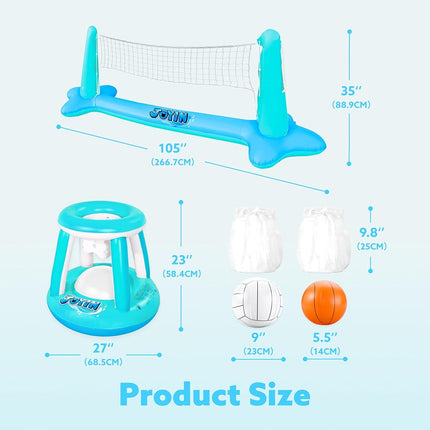 JOYIN Inflatable Pool Float Set Volleyball Net & Basketball Hoops, Floating Swimming Game Toy for Kids/Adults, Summer Floaties, Volleyball Court(105"x28"x35")|Basketball hoop(27"x23"x27"),Blue