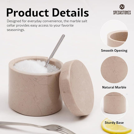 Verona Marble 3" Handmade Salt Cellar with Lid & Spoon – Ideal Countertop Spice & Salt Box.