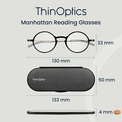 ThinOptics Reading Glasses 1.50, Black Frame, 4mm Case, for Men and Women