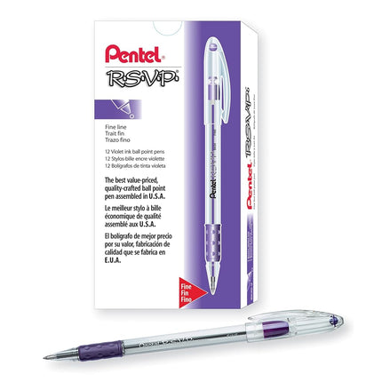 Pentel R.S.V.P. Ballpoint Pen, 0.7mm Fine Tip, Violet Ink, Box of 12 (BK90-V)