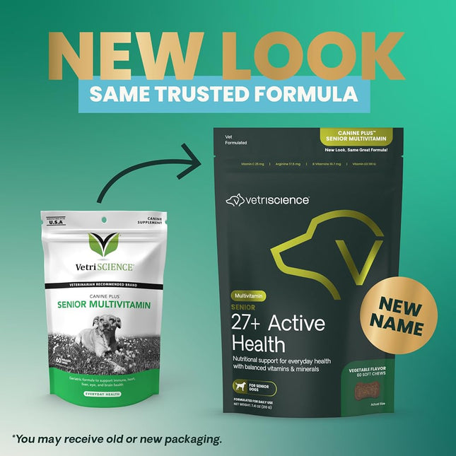 VetriScience Senior 27+ Active Health Chews, Canine Plus Daily Multivitamin for Senior Dogs, Balanced Vitamins, Minerals and Antioxidants, Healthy Aging and Wellness Support, Veggie, 60 Count