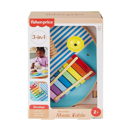 Fisher-Price Wood Toddler Toy Musical Table, 3-Piece Wooden Percussion Instrument for Developmental Play Kids Ages 2+ Years, HXT91
