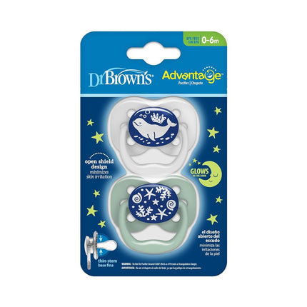 Sucette Advantage Dr. Brown's phosphorescente, apaisant entièrement symétrique avec ampoule en silicone souple, océan bleu, 0-6 m, sans BPA, lot de 2