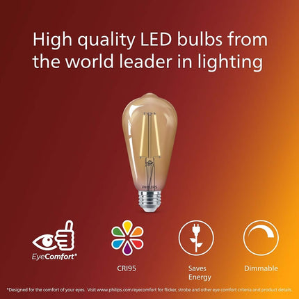 Philips LED Vintage Flicker-Free Amber Straight ST19, Dimmable, Eyecomfort Technology, 700 Lumen, Amber Light(2000K), 8.8W=75W, Title 20 Certified, E26 Base, 2-Pack, (565969)