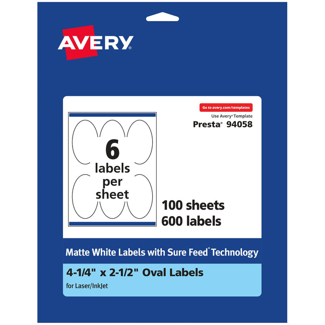 Avery Matte White Oval Labels with Sure Feed, 4.25