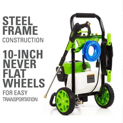 Hidrolavadora eléctrica Greenworks 2300 PSI TruBrushless (2.3 GPM), manguera de 25', lanza de conexión rápida, boquillas de 15, 24, 40 grados, jabón y turbo.