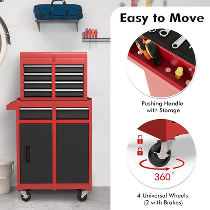 Goplus Tool Chest, 5-Drawer Rolling Cabinet with Detachable Top Toolbox, Lockable Wheels, Lock Bar, Protective Liner & Tool Rack, Metal Storage Cart for Garage Workshop