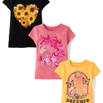 The Children's Place Girls All Holidays Short Sleeve Graphic T-Shirts,multipacks, Unicorn/Dreamer/Sunflower, Medium