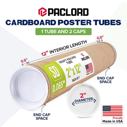 Paclord 2" x 12" Reinforced Kraft Paper Mailing Tube (Pack of 1) with 2 Caps