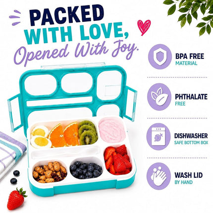 kinsho Bento Lunch Box Kids & Adult: Leakproof Lunch Containers for Boys & Girls with 6 Compartments - School, Daycare, Meal Planning Portion Control Container, BPA-Free Boxes, Utensils | Purple Teal
