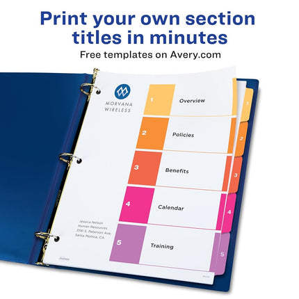Avery 5 Tab File and Page Dividers for 3 Ring Binders, Customizable Table of Contents, Multicolor Tabs, 3 Sets (11070)