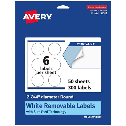 Etiquetas redondas Avery de color blanco mate removibles con tecnología Sure Feed, impresas hasta el borde, 2.75" de diámetro, 300 etiquetas removibles, etiquetas imprimibles con láser/inyección de tinta