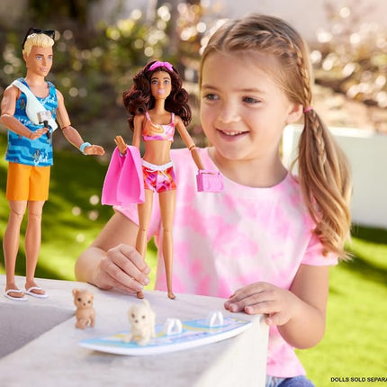 Ken Doll with Surfboard and Pet Puppy, Poseable Blonde Barbie Ken Beach Doll with Themed Accessories like Towel, HPT50