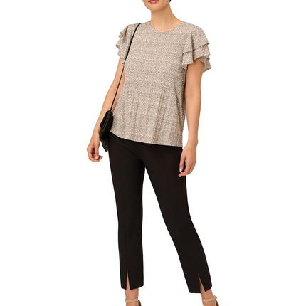 Adrianna Papell Women's Pleated Knit Double Sleeve Top, Ivory Blooming Dot, L