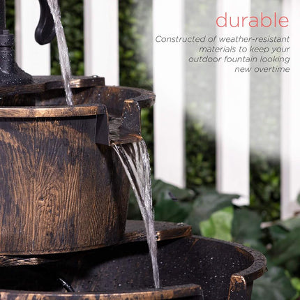 Alpine Corporation 27" Tall Outdoor Rustic 2-Tier Barrel and Pump Water Fountain with LED Lights – Garden, Patio, or Yard Decor, Bronze