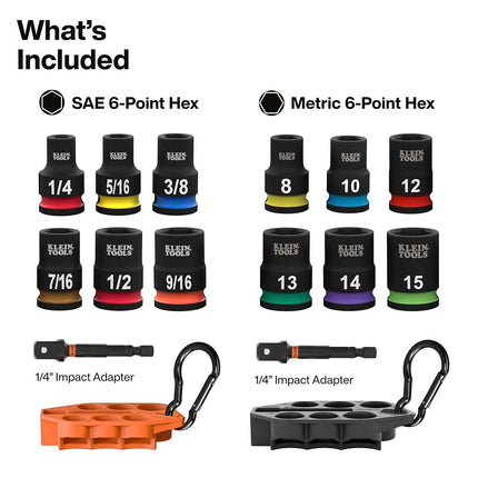 Klein Tools 80206 Grab-and-Go Impact Socket Sets, SAE and Metric, 14-Piece Set with Sleeves, Carabiners, 3/8-Inch Drive, Color-Coded, 1/4-Inch to 9/16-Inch, 8 mm to 15 mm Sockets