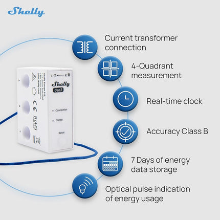 Shelly 3EM-63T Gen3, Wi-Fi Three Phase or Single Phase Installations Energy Meter, 4-Quadrant Measurement, Flat Terminals, No Load Threshold, Photovoltaic Ready, No Hub Required, Accuracy Class B